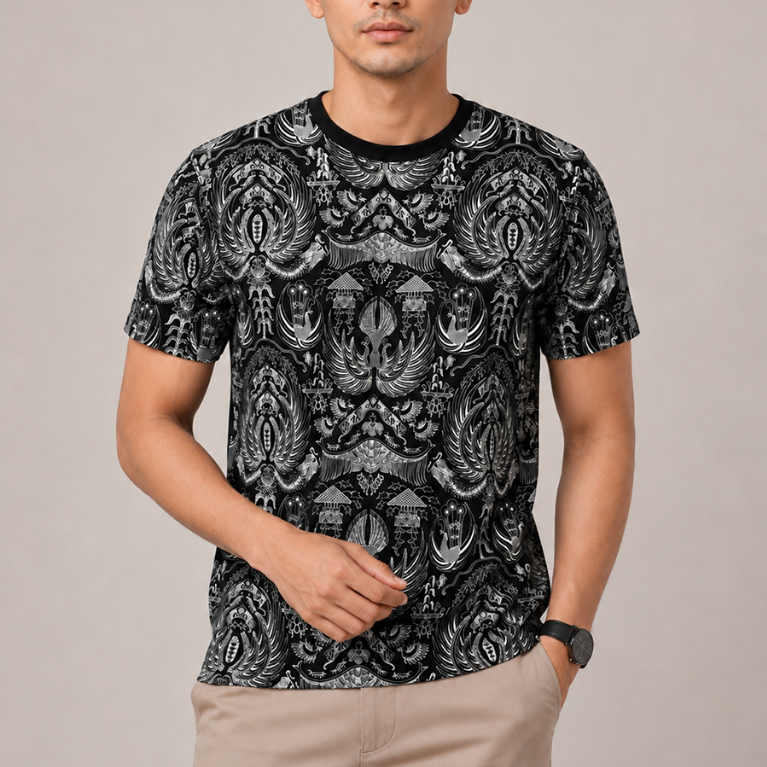 Kaos Motif Batik Ron Andong Hitam Putih