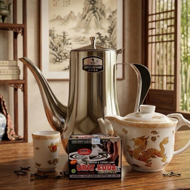 Set peralatan kopi stainless steel dengan cawan motif URAT KUDA