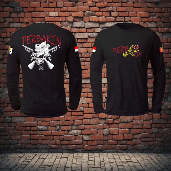 Kaos lengan panjang hitam PERBAKIN motif tengkorak dan pistol depan belakang