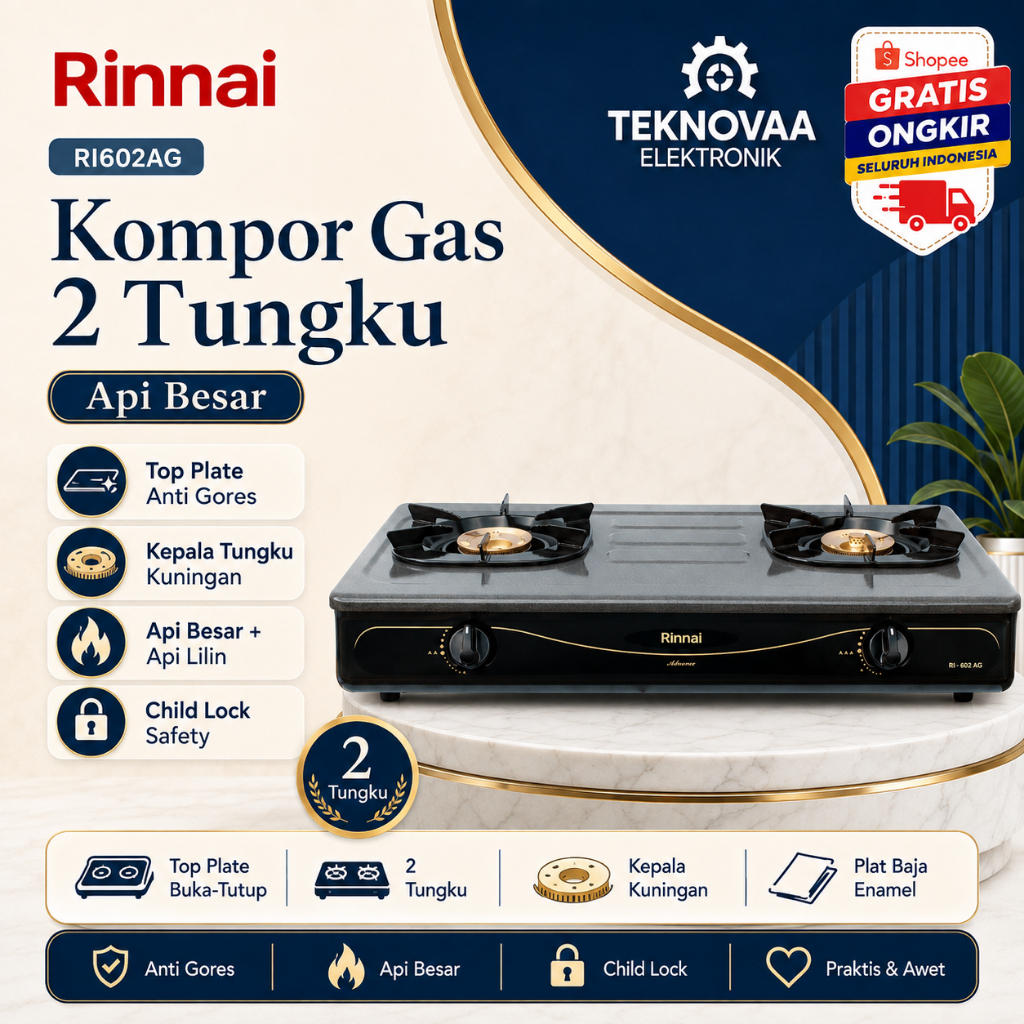 RINNAI KOMPOR GAS 2 TUNGKU RI-602AG/RI602AG/RI602AG/RI 602AG/RI-602 AG/ORIGINAL RINNAI/GARANSI RESMI