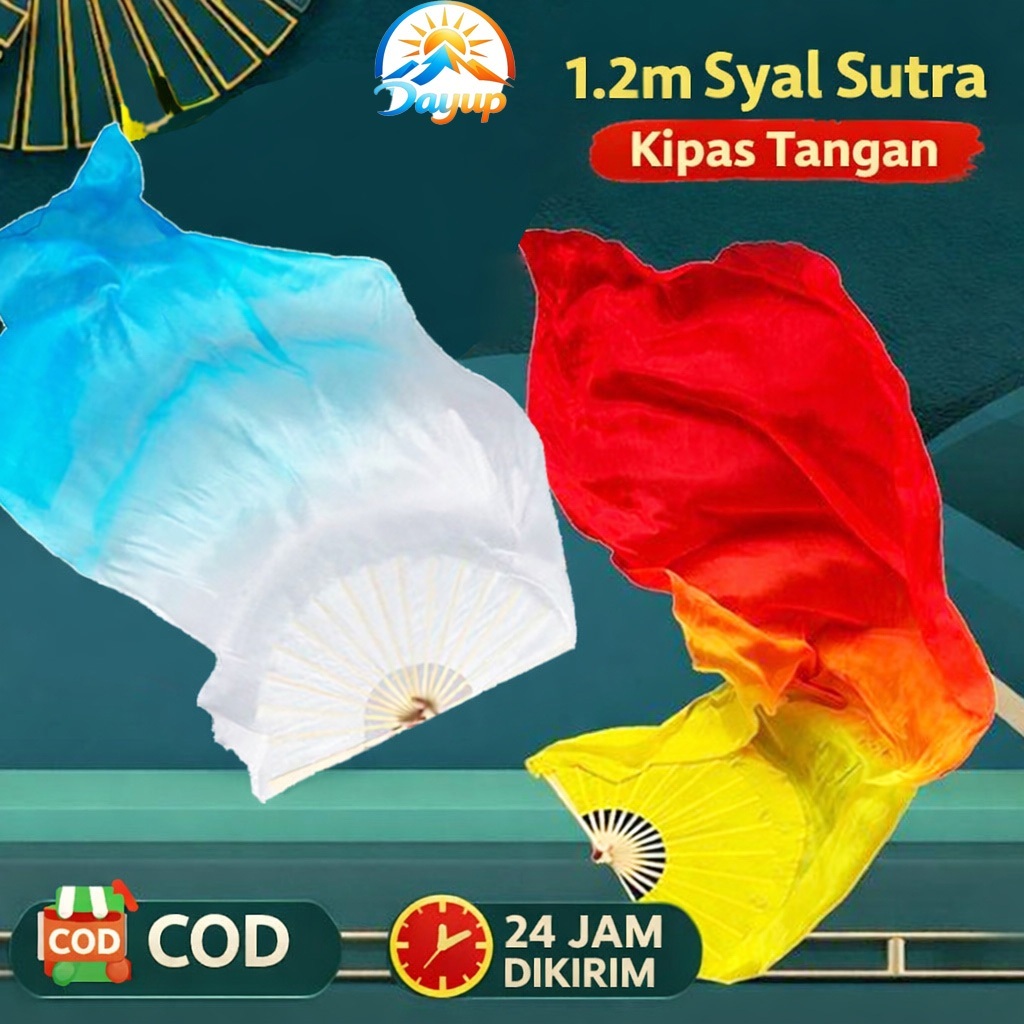 Kipas Tangan Anak Bambu Sutra Cina Panjang 120cm Gradien Kuning Merah Putih Biru