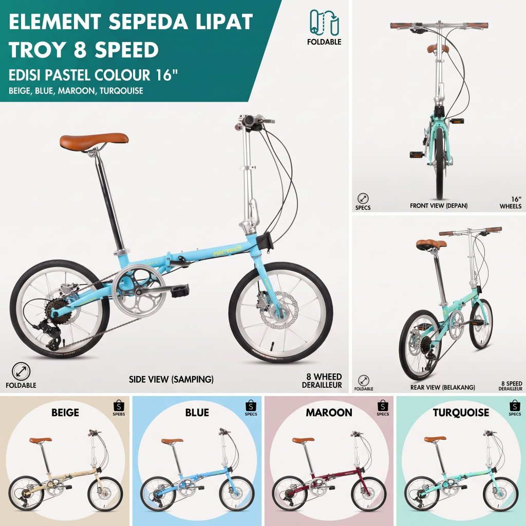 Sepeda Lipat Element Troy 16 Inch 8 Speed Edisi Pastel Colour - Folding Bike Disc Brake Front Block