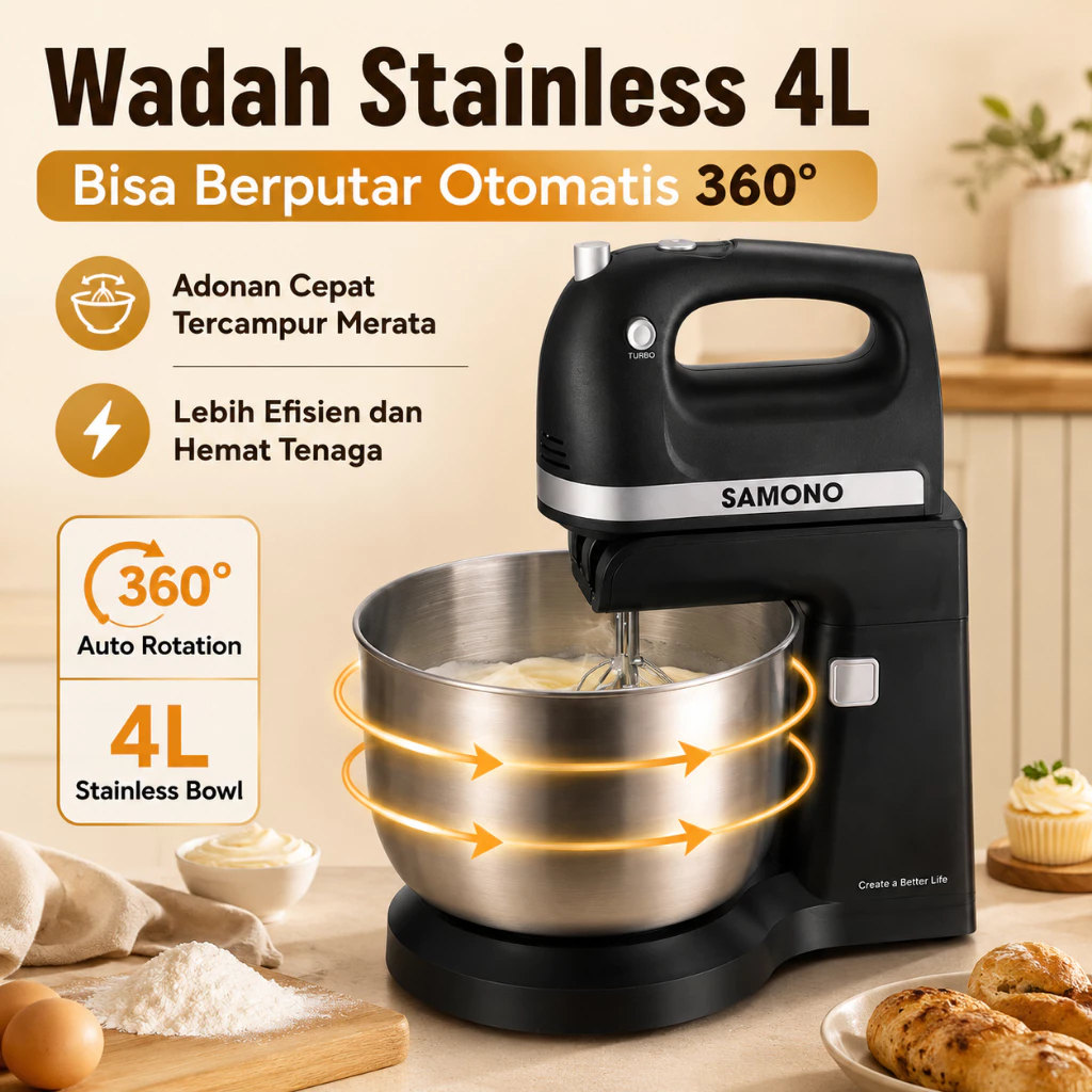 DISKON SAMONO Stand Mixer Kue dan Roti 4L Low Watt Hand Mikser Pengaduk Adonan Donat Mixser Baking