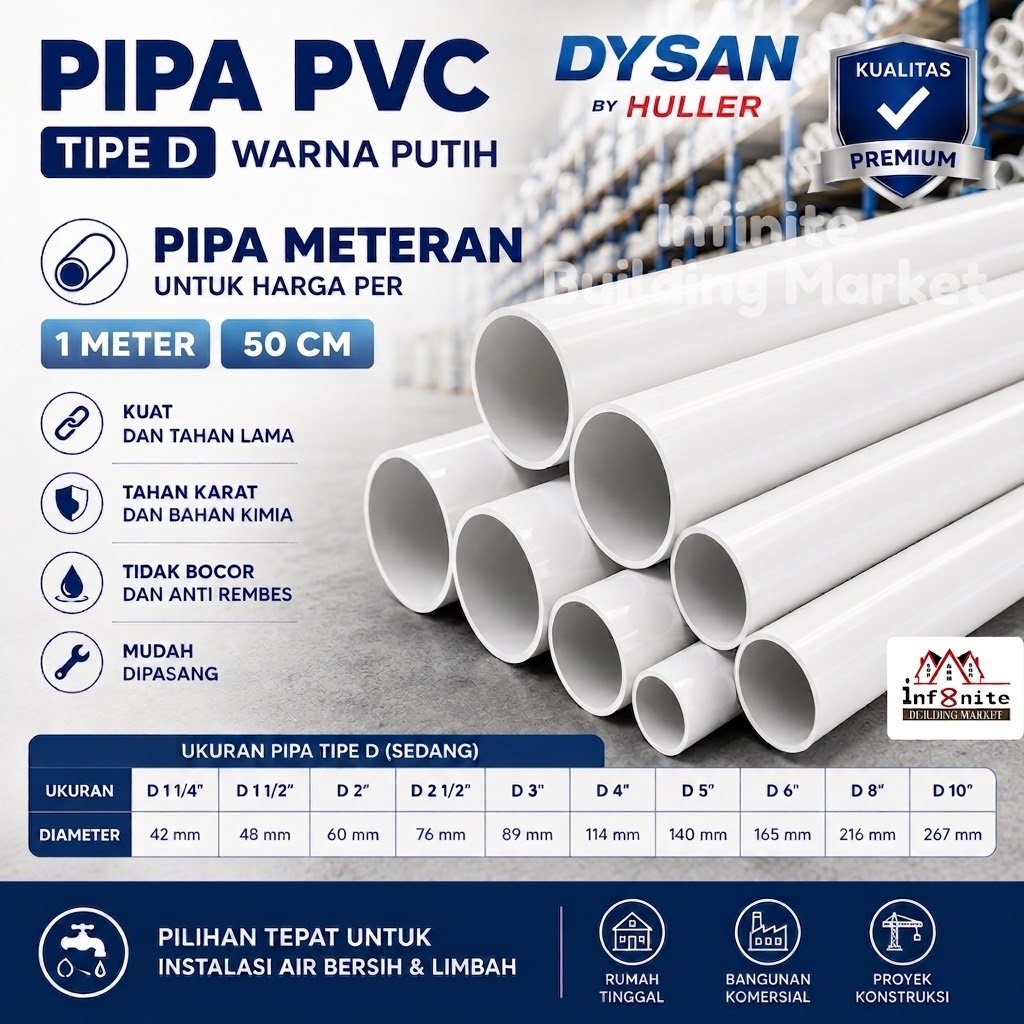 Potongan Pipa PVC Putih Meteran Ecer Dysan D Panjang 1 Meter 50 CM 1 2 1/4 1/2 3 4 11/4 11/2 Inch