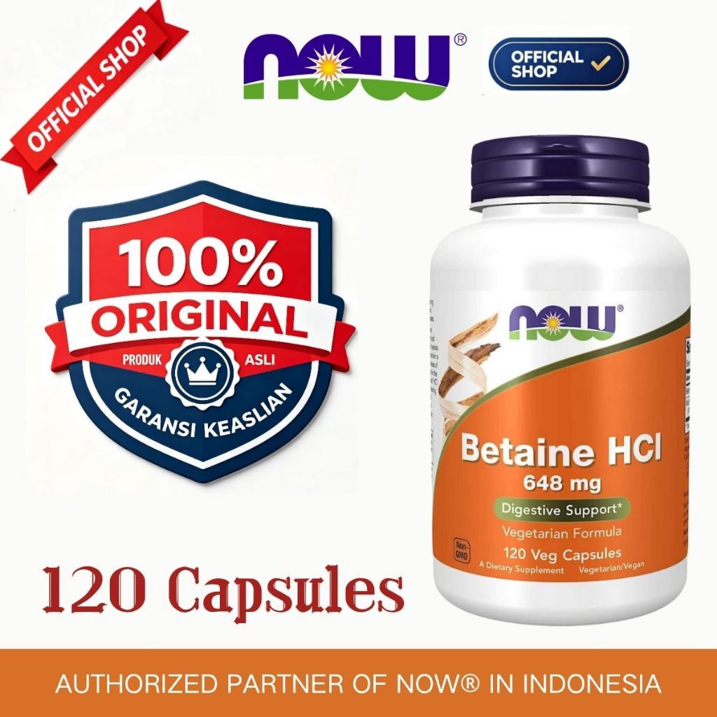 Now Foods Vitamin Betaine HCI 648 mg Isi 120 Caps - Support Fungsi Pencernaan Sehat & Sekresi Enzim 