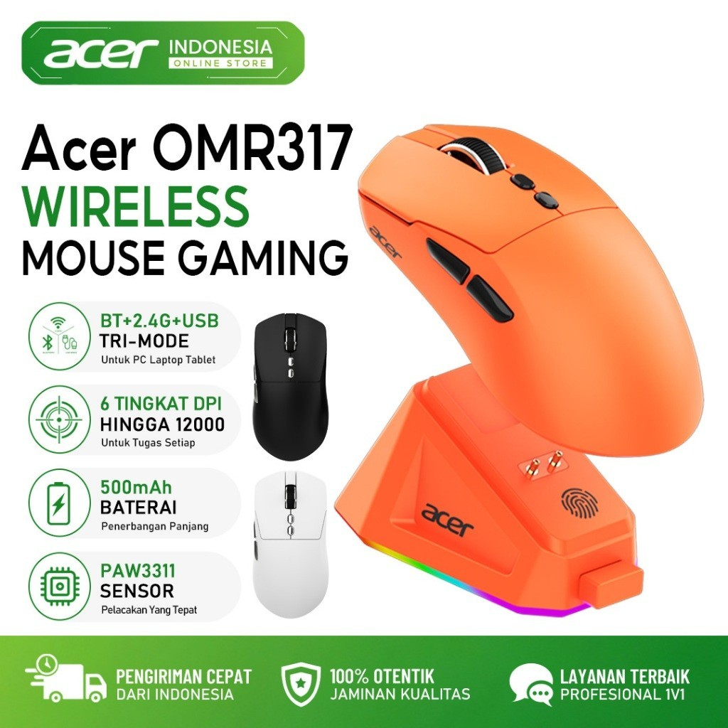 Acer OMR317 Wireless Mouse Dengan Magnetic Dock Charging PAW3311 Sensor Tri-Mode Untuk PC Laptop Tab