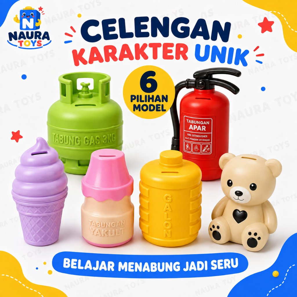 NauraToys Celengan Anak Karakter Unik Plastik Edukasi Menabung LPG Galon APAR Es Krim Yakult Nanas N