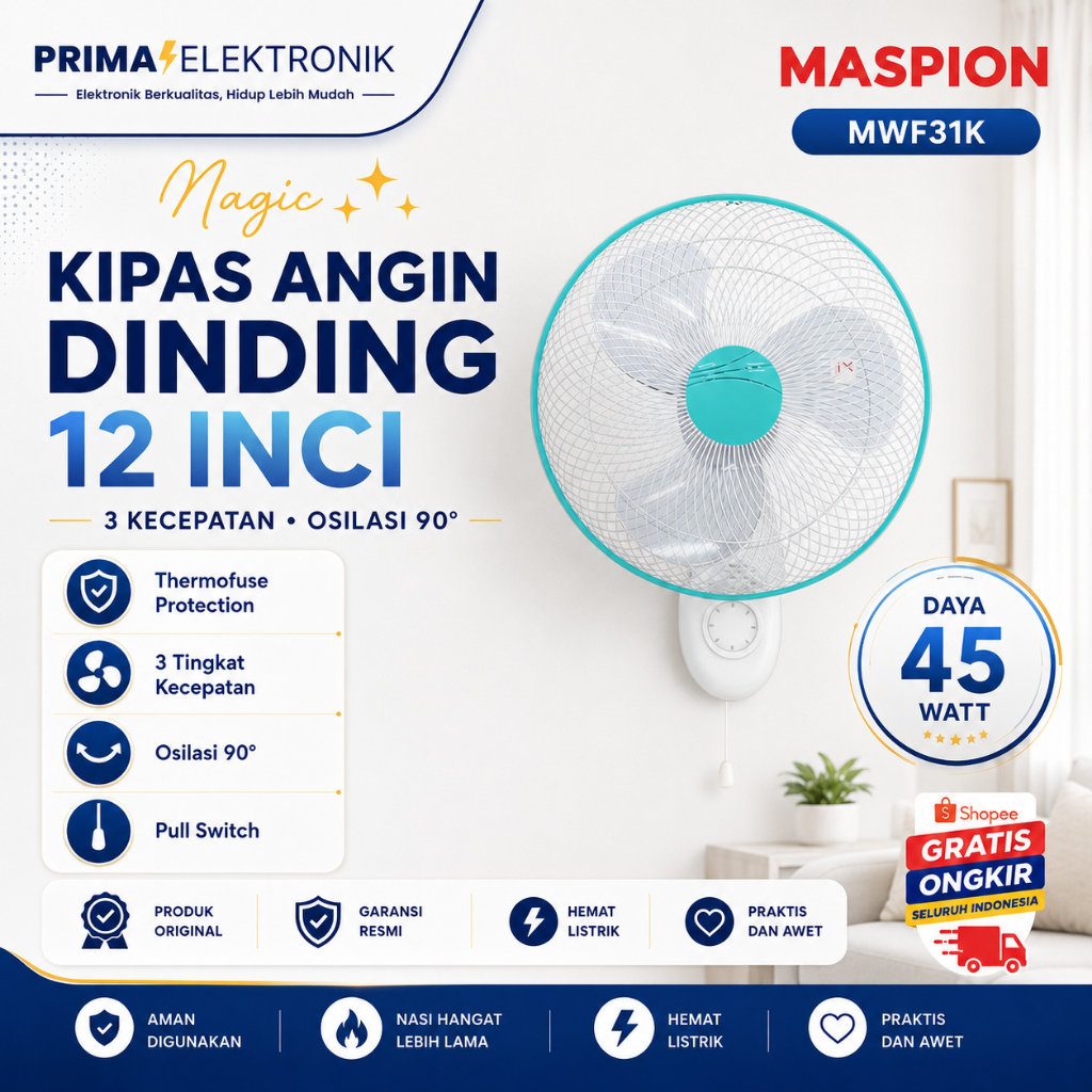 MASPION KIPAS ANGIN MWF 31K KIPAS DINDING PROMO/MWF31K/MWF-31K/MWF 31 K/ORIGINAL MASPION/GARANSI