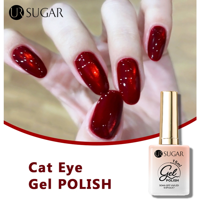 UR SUGAR Red Cat Magnetic Gel Polish Merah Cat Eye UV Led Kutek Maroon Glitter DIY Nail Art 15ml BPO