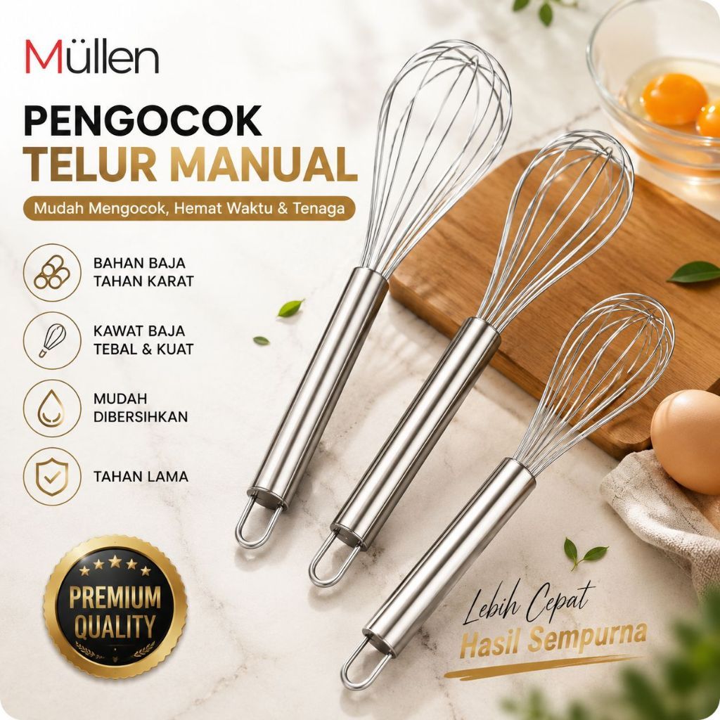 Mullen Whisk Stainless Pengocok Telur Stainless Whisker Manual Multifungsi Kocokan Telur Manual