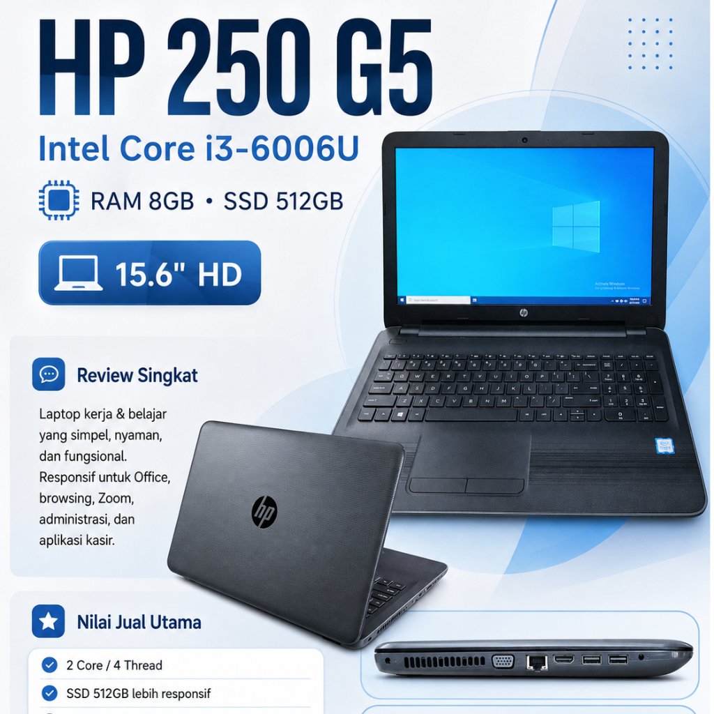 Laptop HP 250 INTEL CORE I3 RAM 16GB SSD 512gb Kencang Windows 11