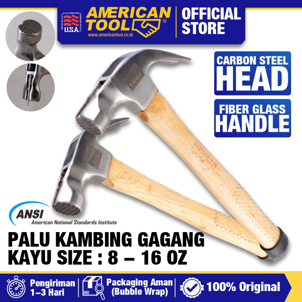 Palu Kambing Gagang Kayu / Claw Hammer Wood Handle 8 - 16 Oz American Tool