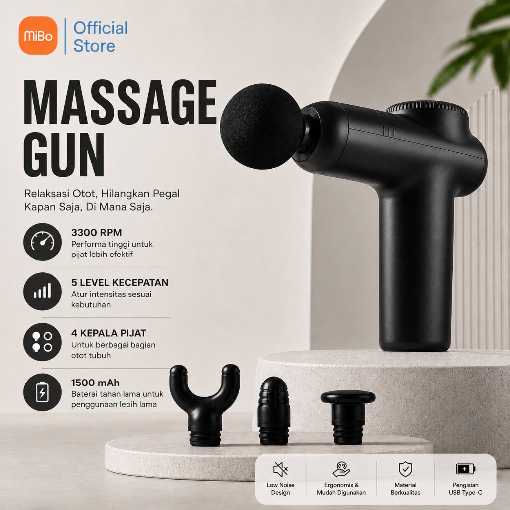 MIBO Fascia Gun 4in1 Massage Gun Elektrik Alat Pijat Otot Portable Deep Tissue Rechargeable