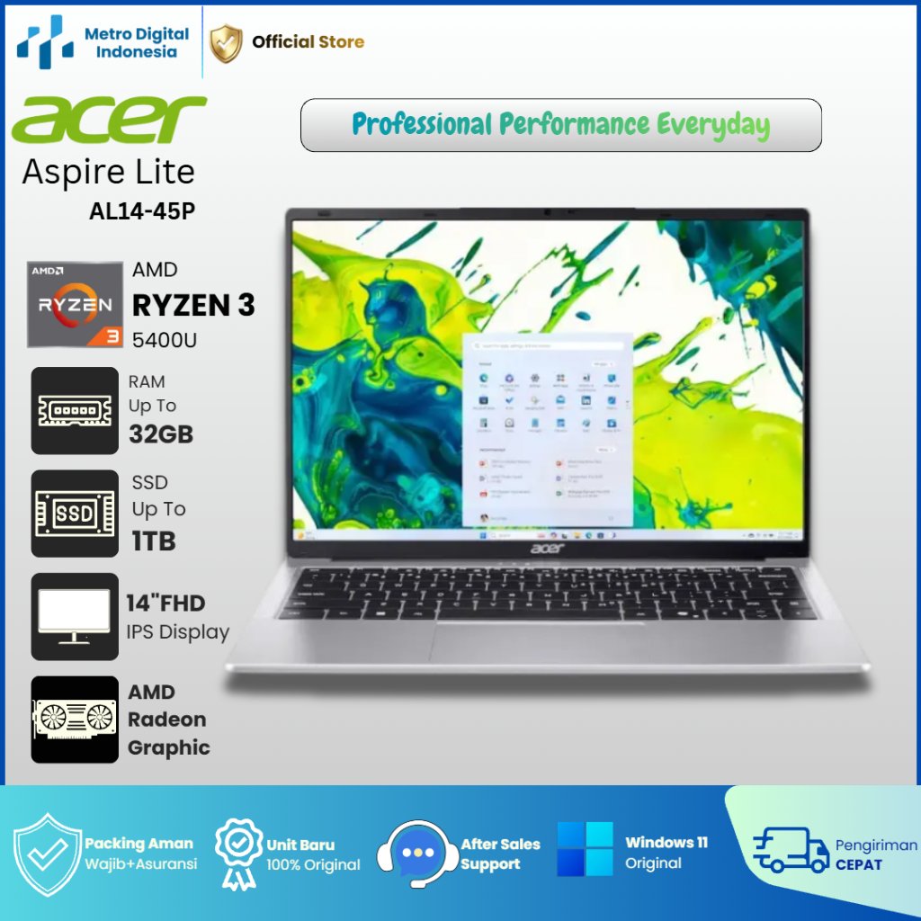 ACER Aspire Lite AL14 45P AMD Ryzen 3 5400U RAM32GB SSD1TB 14'' FHD+ Windows 11 Office 2024