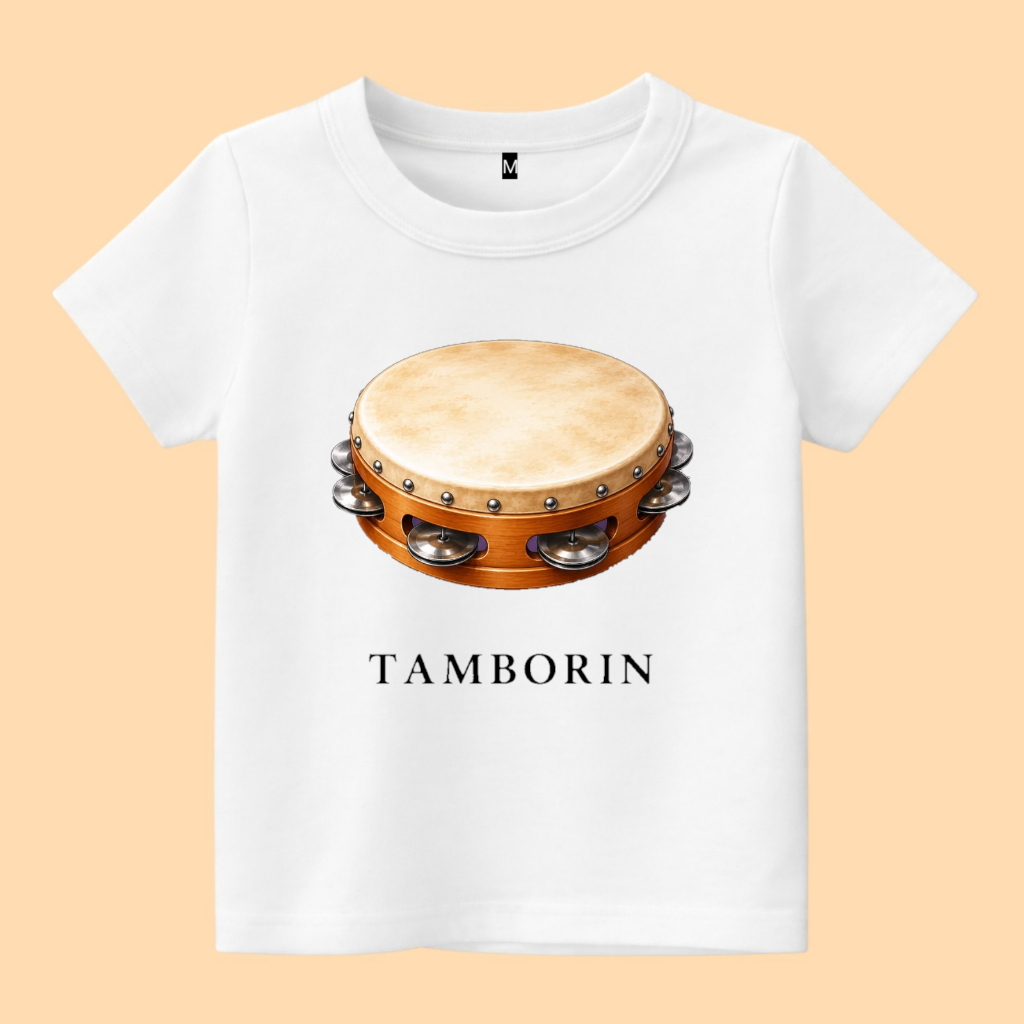 baju kaos anak gambar alat musik tradisional tamborin