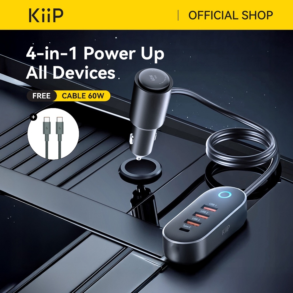 KiiP Car Charger Mobil 125W 4 Ports Type-C USB Fast Charging Adapter Smart Chip Dual Cooling System
