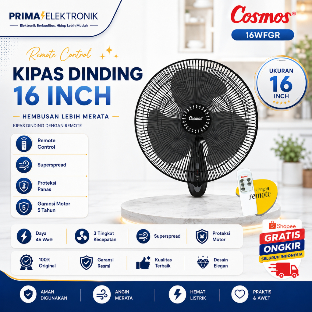 COSMOS KIPAS ANGIN DINDING - 16 WFGR 16"/16WFGR/16-WFGR/KIPASADAREMOTE/100% ORIGINAL/GARANSI RESMI