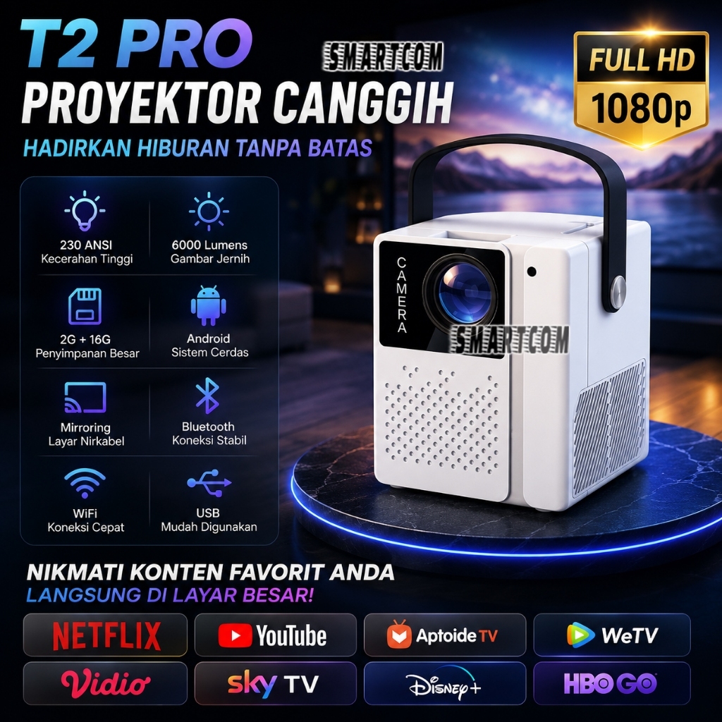 SMARTCOM ~ Proyektor T2 PRO 230 ANSI 6000 Lumen HD Proyektor Mini Portable Home Theater Projector An