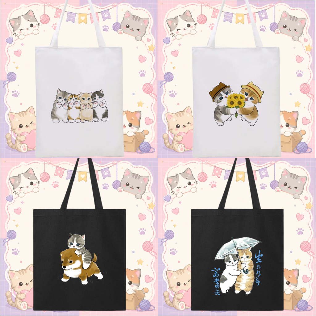 Totebag Tote Bag Motif Cat kucing Lucu Kanvas Korea Tas Goodie Bag Ulang Tahun Anak Cute