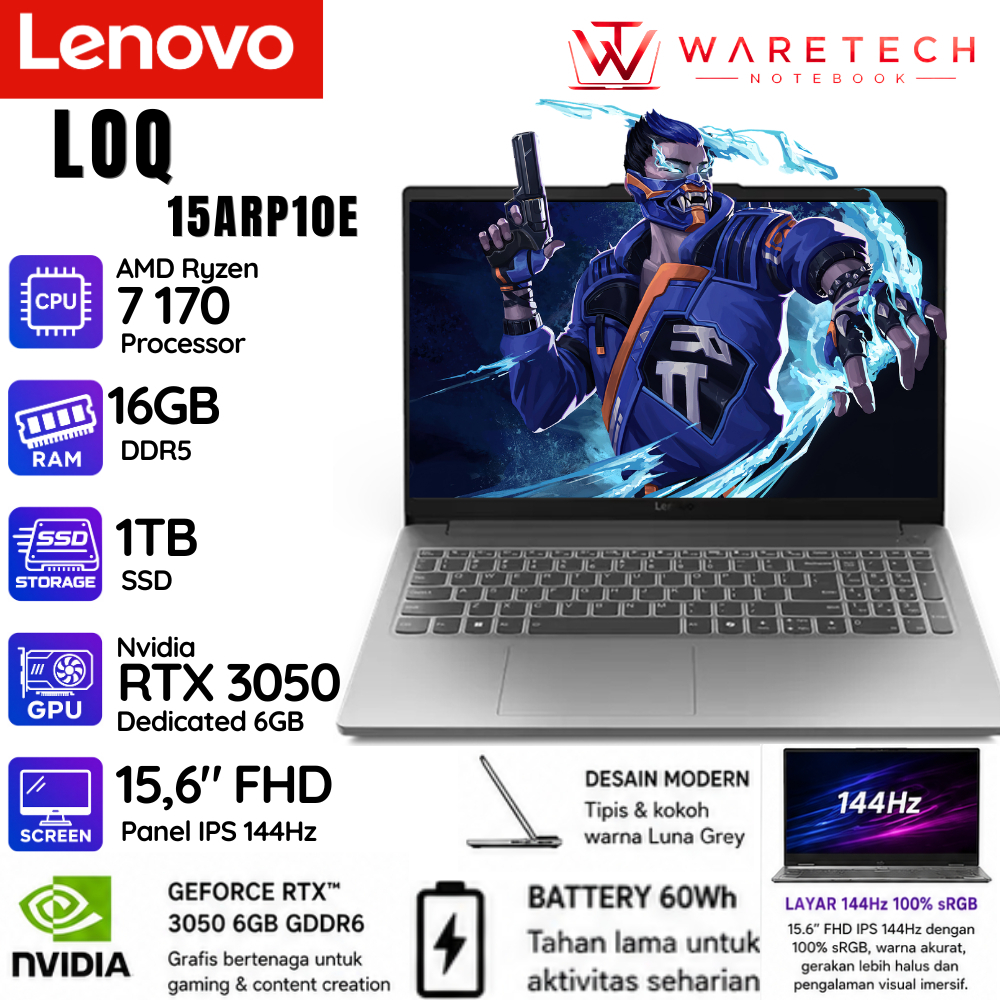 Lenovo LOQ 15ARP10E AMD Ryzen 7 170 16GB DDR5 1TB SSD Nvidia RTX 3050 6GB 15 Inch Full HD IPS 144Hz