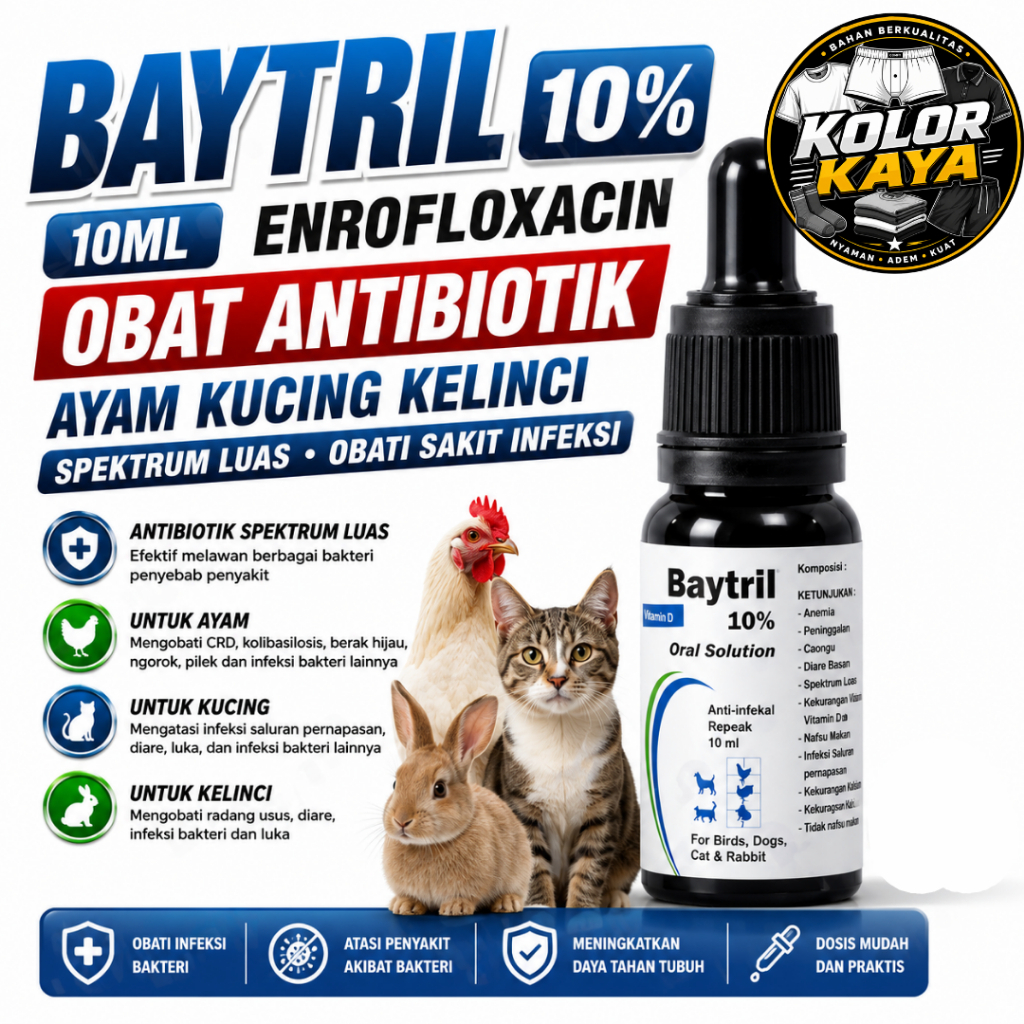 SEDIA BAYTRIL 10% 10ML ENROFLOXACIN OBAT ANTIBIOTIK AYAM KUCING KELINCI SPEKTRUM LUAS OBATI SAKIT IN
