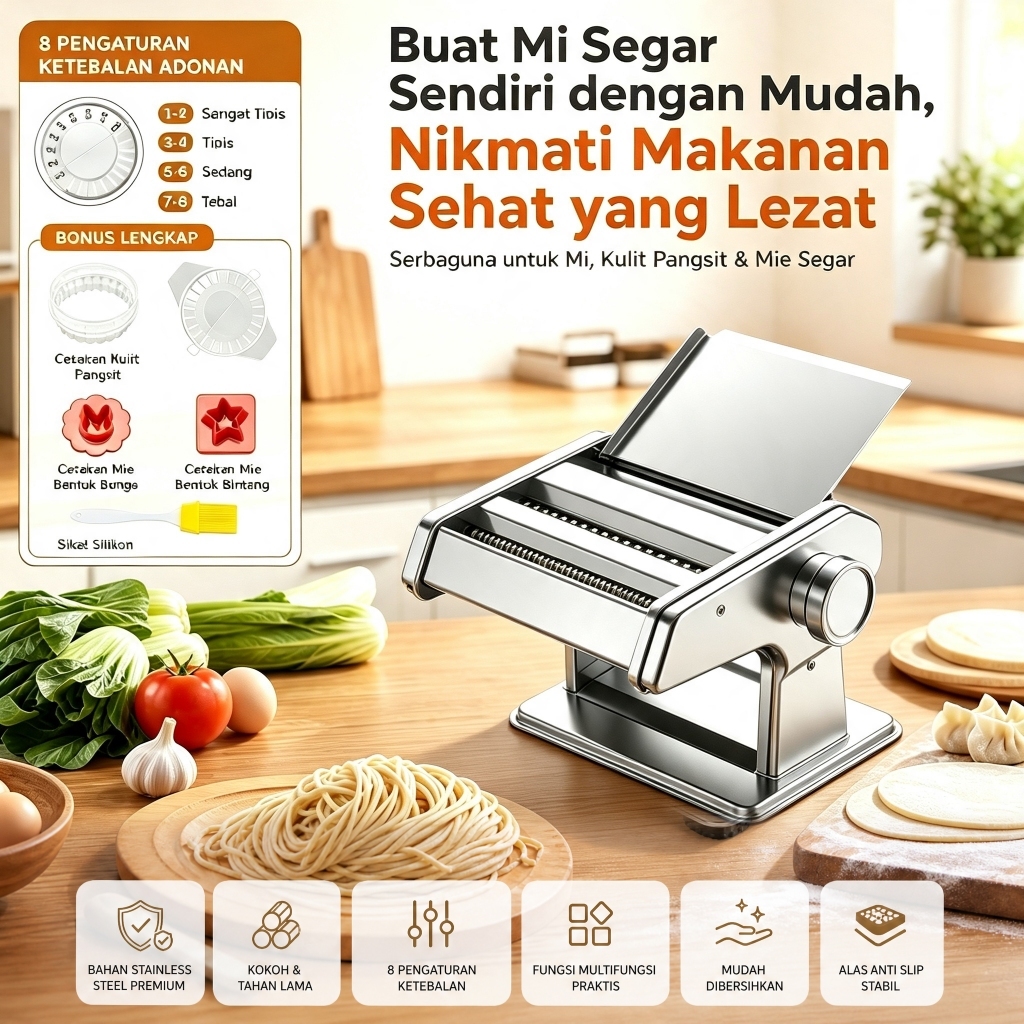 Mesin Giling Mie Manual Noodle Maker 2 Pisau 2‑3/4‑5mm 8 Level Ketebalan untuk Mie Ayam Bakmi Mie Go