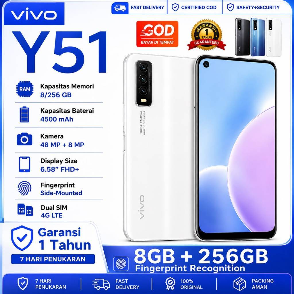HP Vivo Y51S 8GB 256GB Display 6.58 FHD+ Kamera 48MP + 8MP Dual SIM 4G LTE Side-Mounted Fingerprint