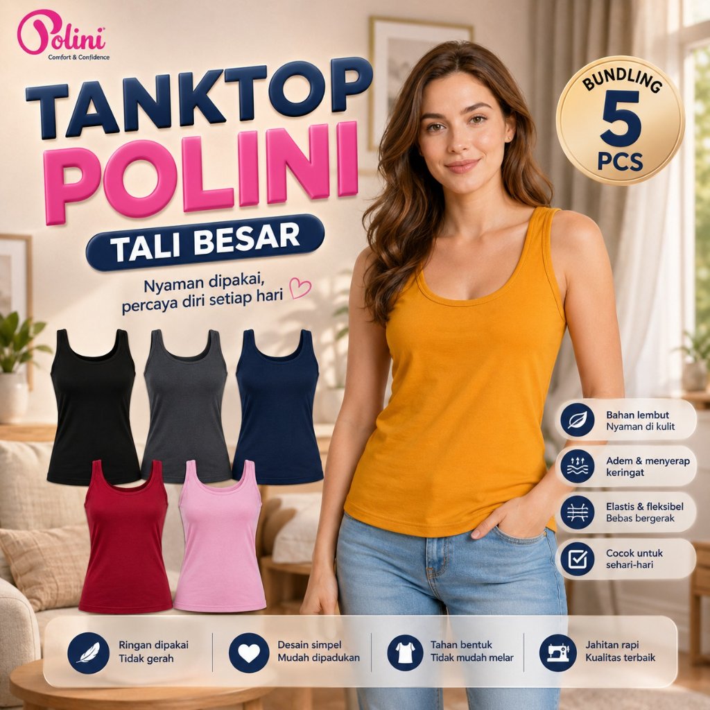 POLINI 5Pcs Tangtop Tali Lebar Bahan Katun Tebal Tangtop Tali Lebar Wanita