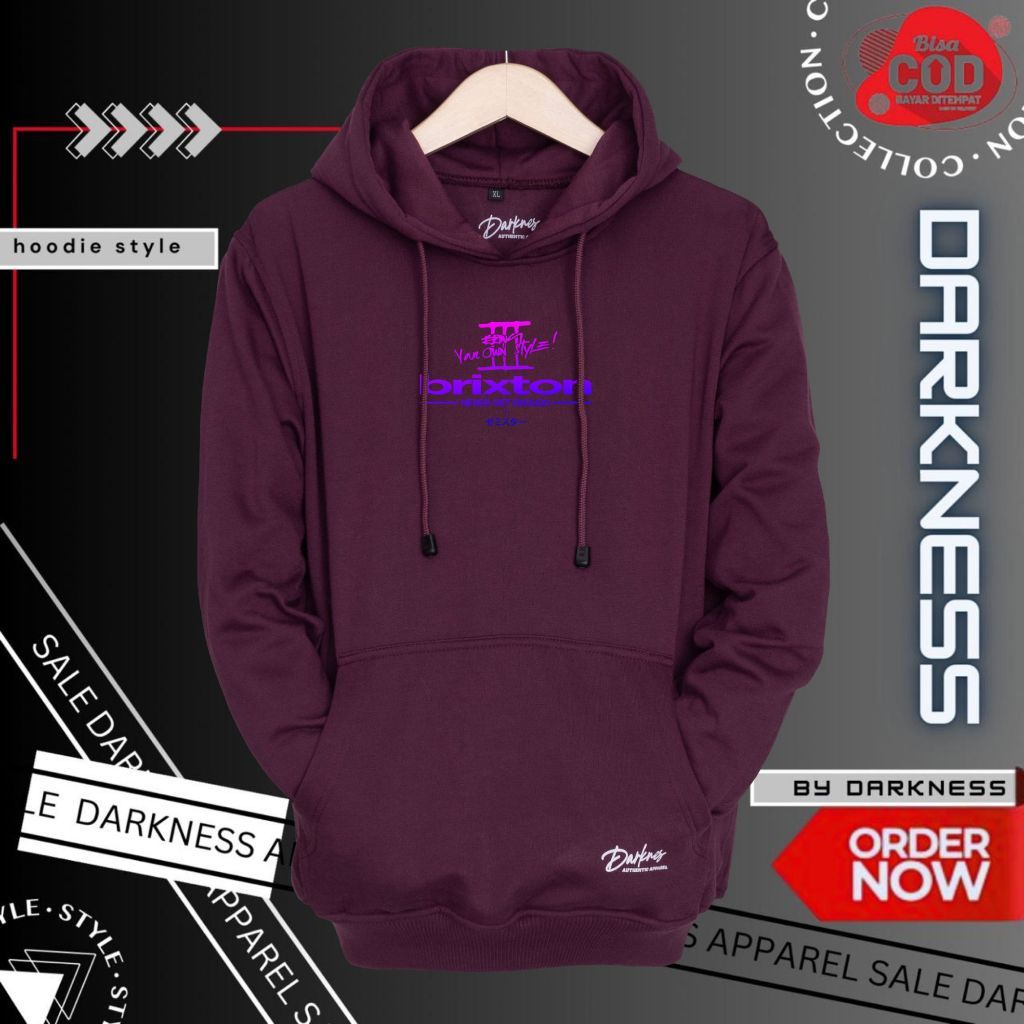 Hoodie Pria Darkness Brixton Burgundy dengan Kantong Depan