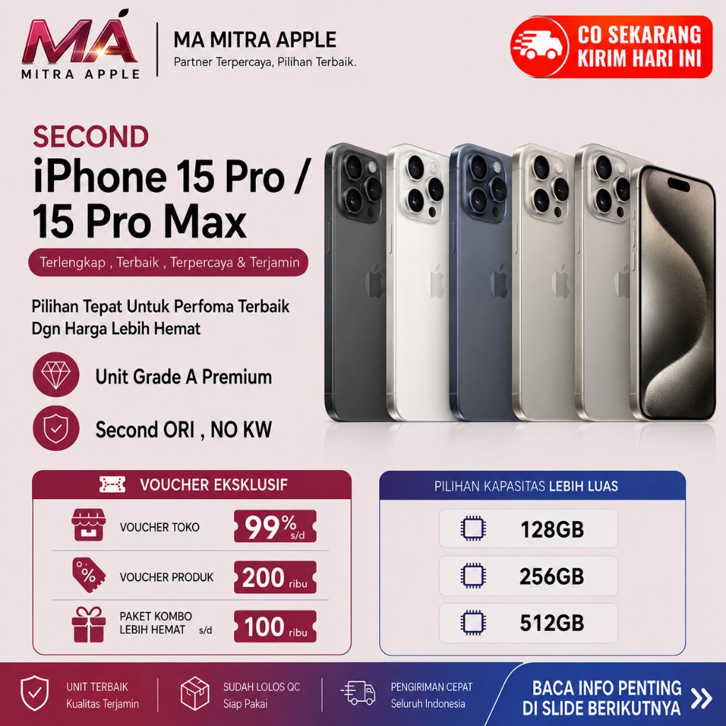 iPhone Second 15 PRO 15 PRO MAX 256GB 512GB Ori NO Rekon NO Refurb Fisik Mulus Like New dan Bergaran