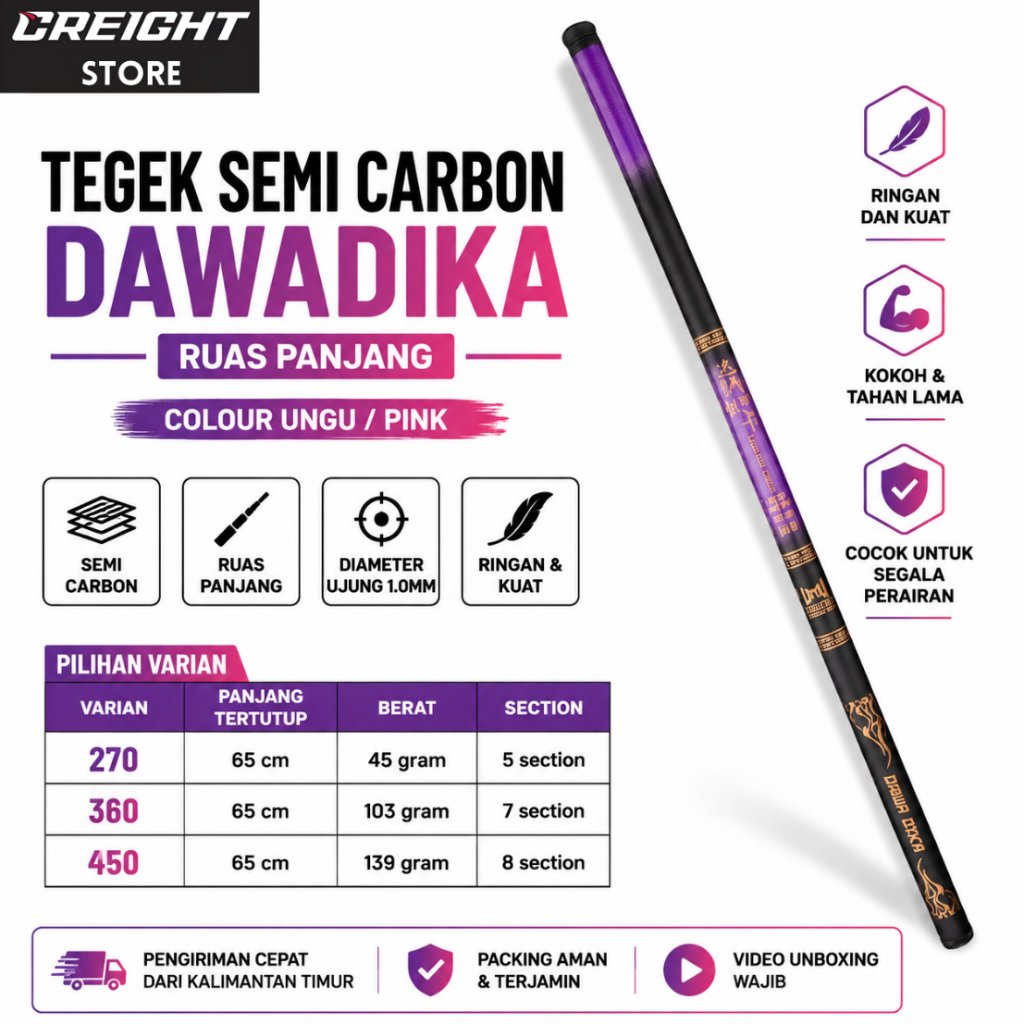 Tegek Semi Carbon Dawadika Ruas Panjang Ungu Pink 270 360 450 Joran Pancing