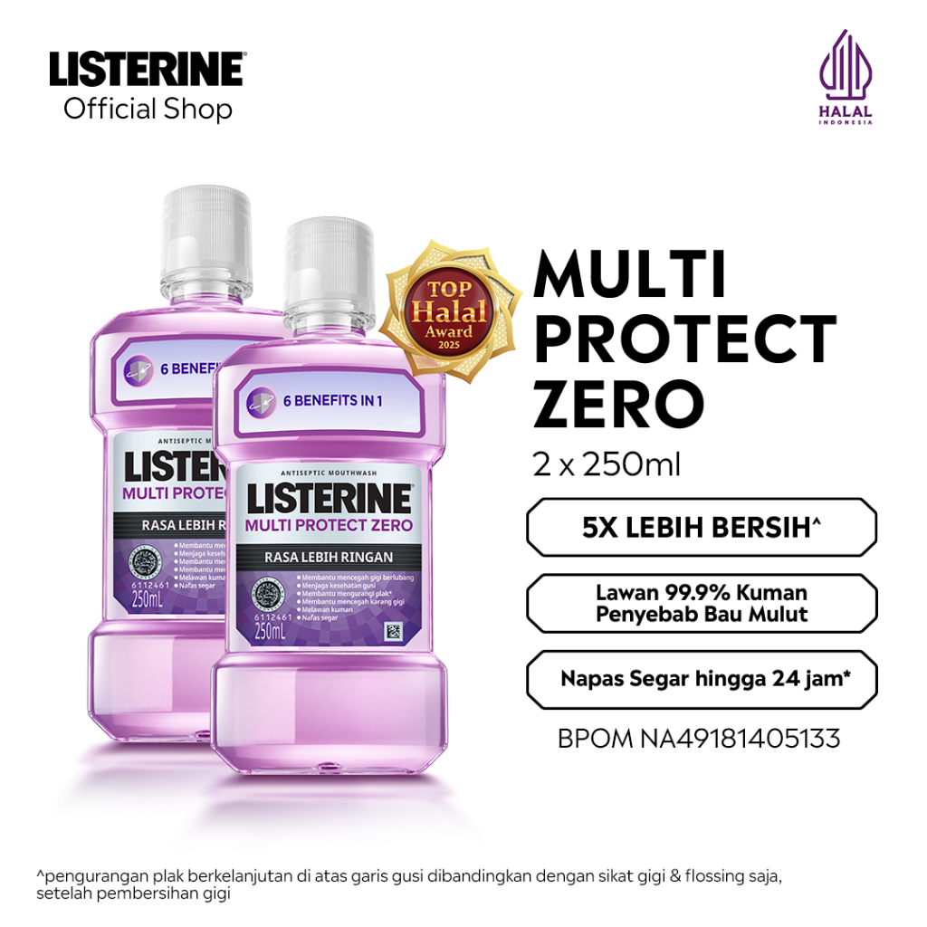LISTERINE Multi Protect Zero Antiseptic Mouthwash /Obat Kumur Antiseptik 250 ml - No Alcohol - Isi 2