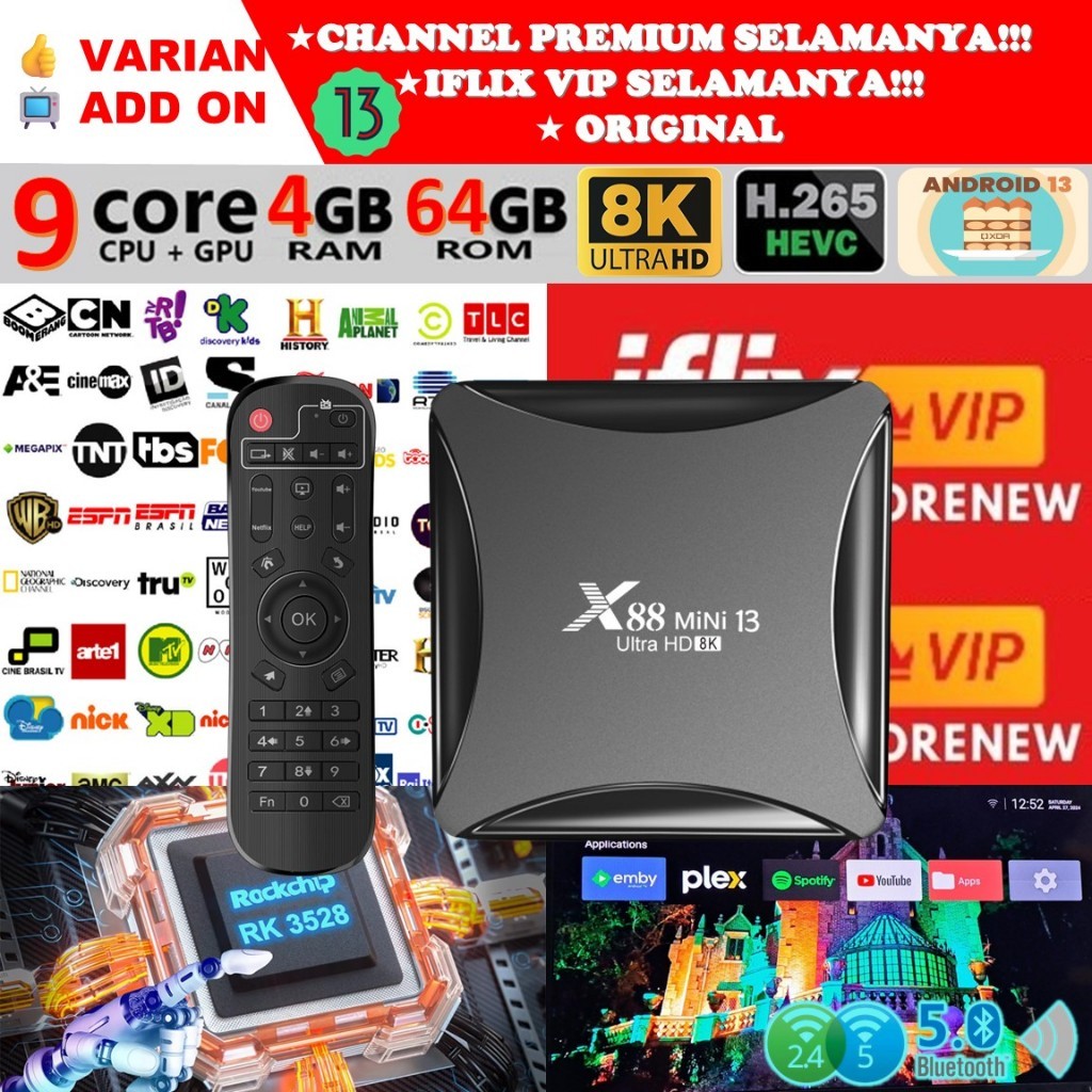 STB Android 13 Smart TV Box Android X88 MINI Ram 4GB Rom 64GB 4/64