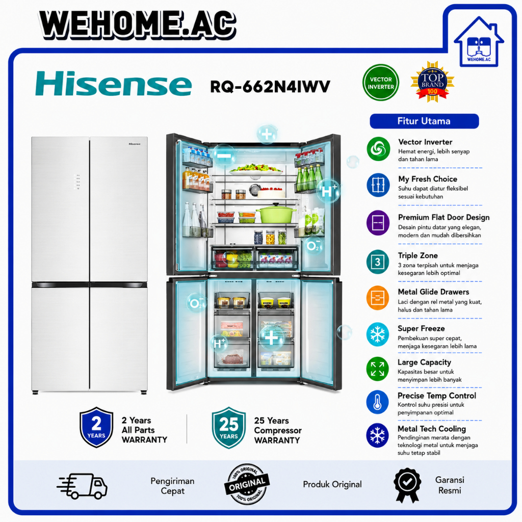 Kulkas Hisense 4 Pintu Side By Side RQ-662N4IWV Kulkas 4 Pintu Hisense