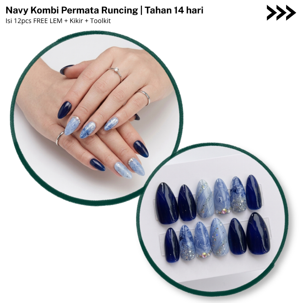 NAVY KOMBI PERMATA RUNCING / KUKU PALSU / NAIL ART / KUKU PALSU WEDDING / NAIL ART WEDDING