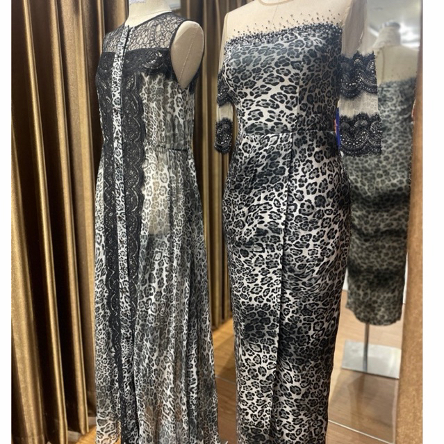 baju leopard 1 set dgn outer dress gown pesta gaun mewah cuci gudang obral ukuran M