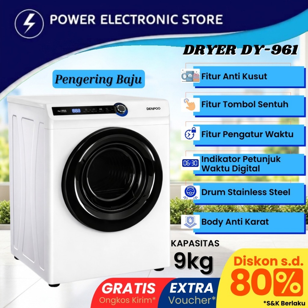 Denpoo Mesin Pengering Pakaian Stainless Steel Kapasitas 9 Kg Laundry Mesin Dryer Dy 961