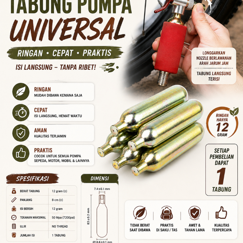 Tabung CO2 12 Gram  pompa universal untuk Sepeda Motor Mobil Bola Basket Praktis