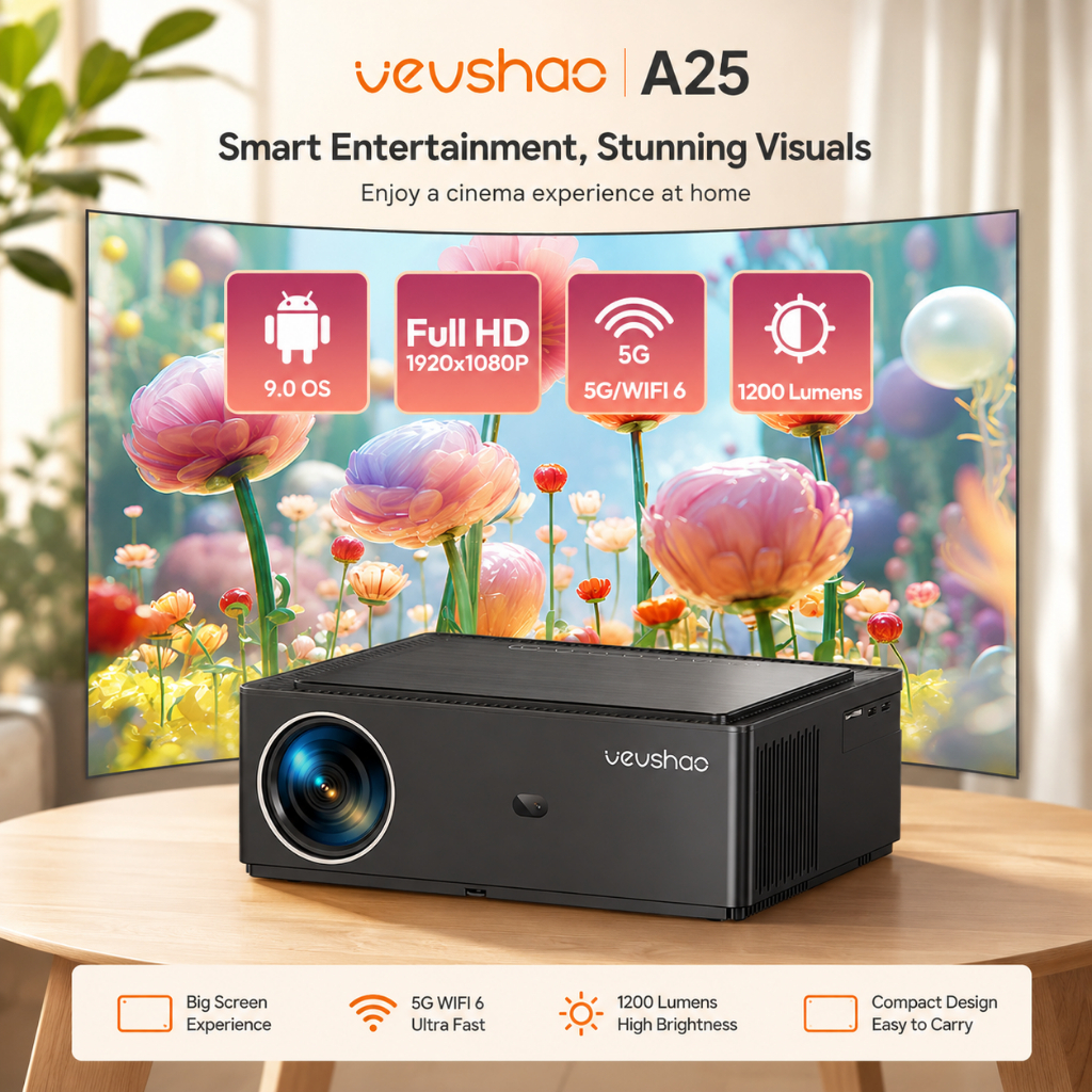 BYINTEK A25 Android Projector 1080p 1200 Ansi Projector Smart Projector 4k Black Android Speakers sd