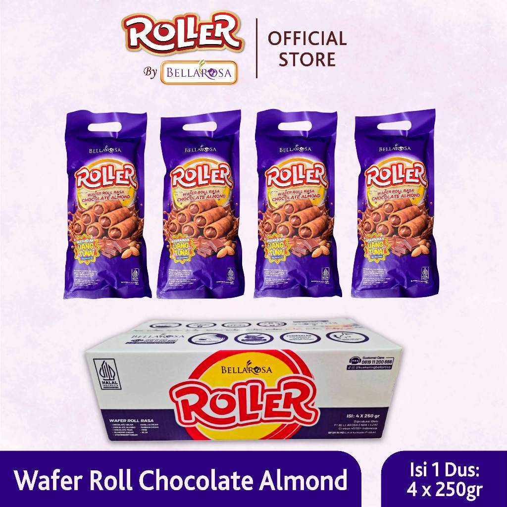 Wafer Roll 1 DUS Isi 4 x 250 gram - BELLAROSA ROLLER Wafer Roll Almond Chocolate Wafer Roll Coklat A