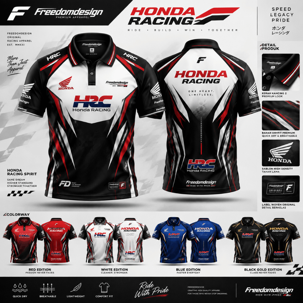 polo Honda Racing, HRC, polo racing, polo pria, baju polo pria, dryfit, quick dry, breathable, premi
