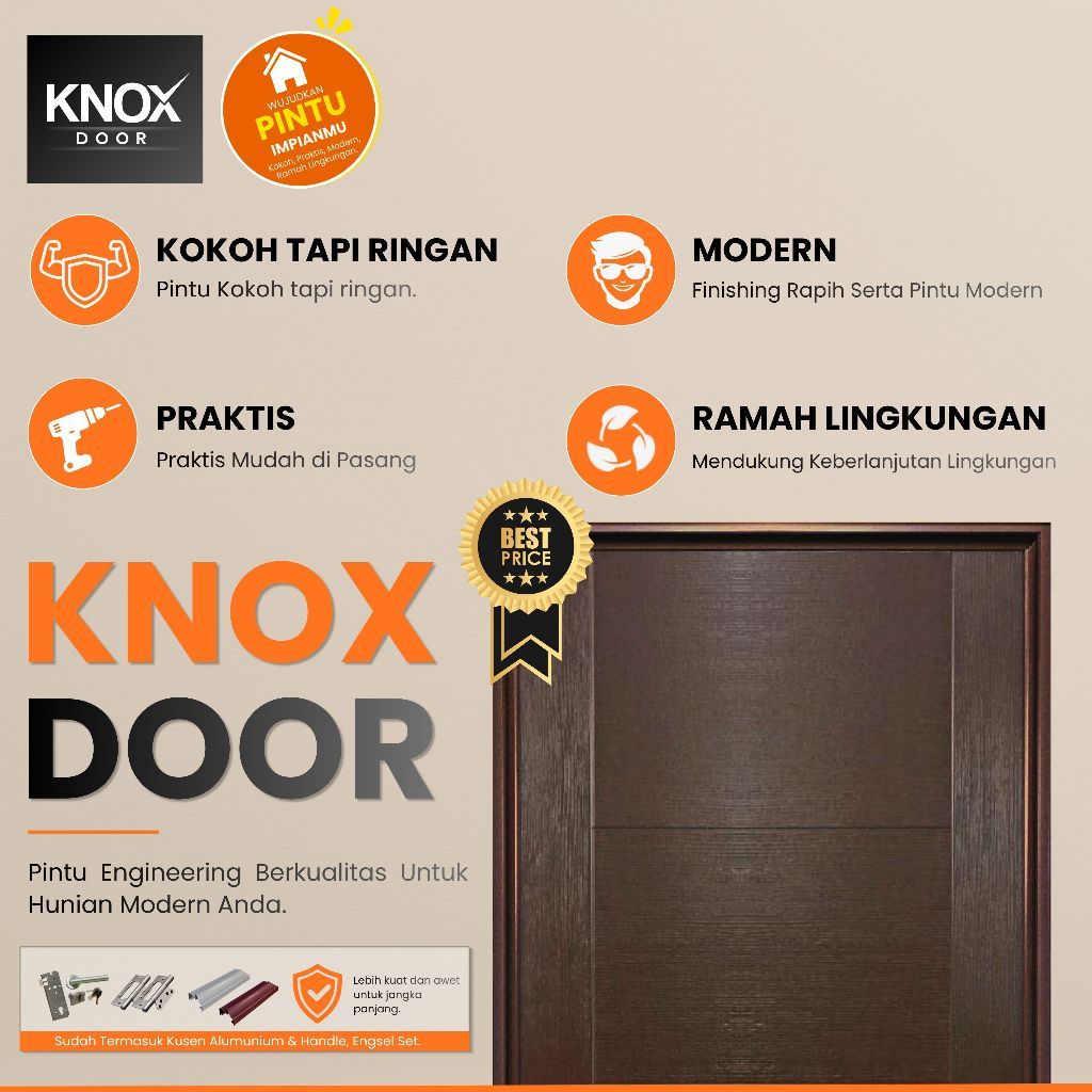 PINTU KNOX HDF SERIES CATANIA BROWN FULL SET l 36x820x2100mm l KUSEN ALUMUNIUM