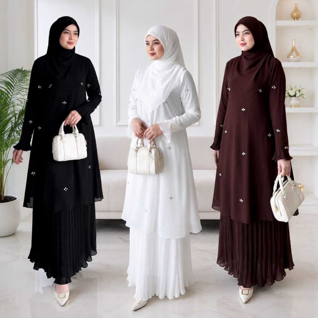 UZMA SET 3 IN 1 GAMIS PREMIUM APLIKASI PAYET SETELAN TUNIK+ROK PLISKET+HIJAB TERBARU DRES KONDANGAN
