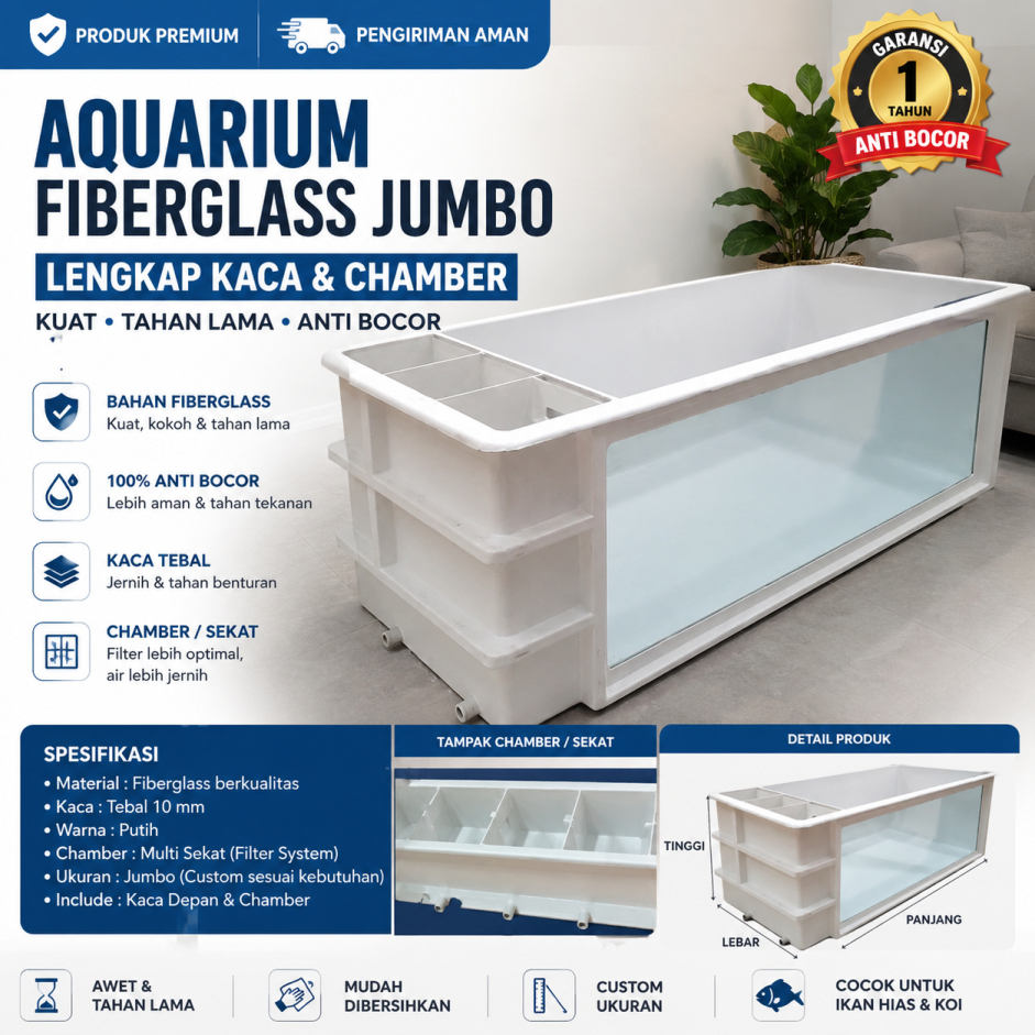 Mega Tank Aquarium Fiberglass Jumbo Ukuran 240x120x90 cm Lengkap Full Set Kaca Depan Transparan dan 