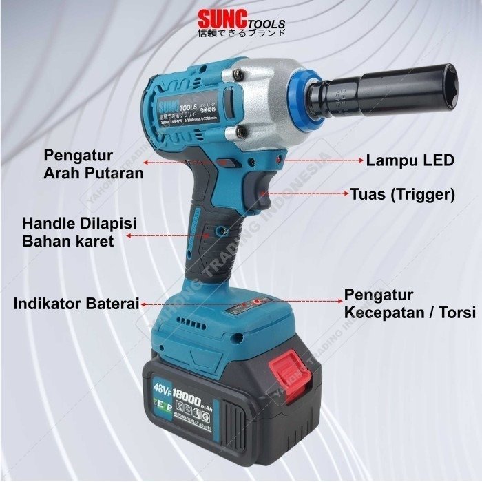 Mesin Impact Baterai Cordless Impact Wrench BRUSHLESS 48V 48VF SUNC TOOLS