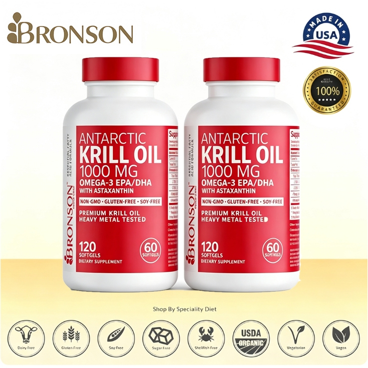 Bronson Antarctic Krill Oil 1000 mg Omega-3 EPA DHA with Astaxanthin 120 Softgels Suplemen Makanan