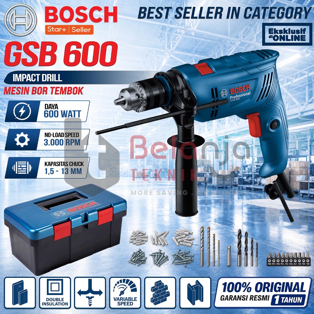 Mesin Bor Beton SET Box Perkakas BOSCH GSB 600 Impact Drill 600 Watt 13MM Fisherman Box
