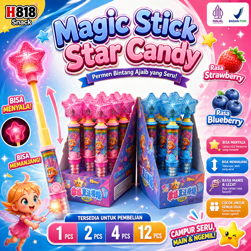 Magic Stick Star Candy– Permen Lolipop Bintang LED Lampu Menyala Rasa Buah | Permen Halal Mainan Ana