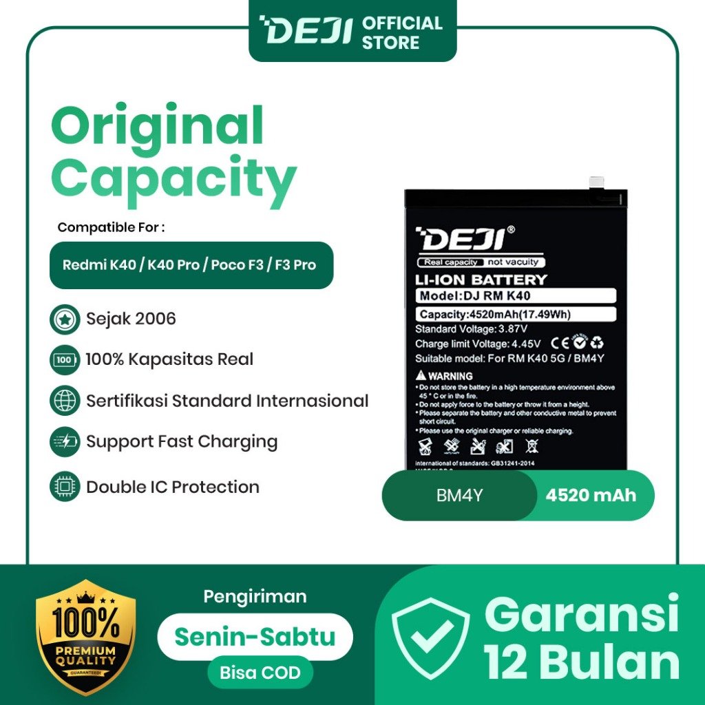 DEJI Baterai BM4Y FOR POCO F3 / F3 PRO / REDMI K40 / K40 PRO 4520mAh 3.8V Original Battery