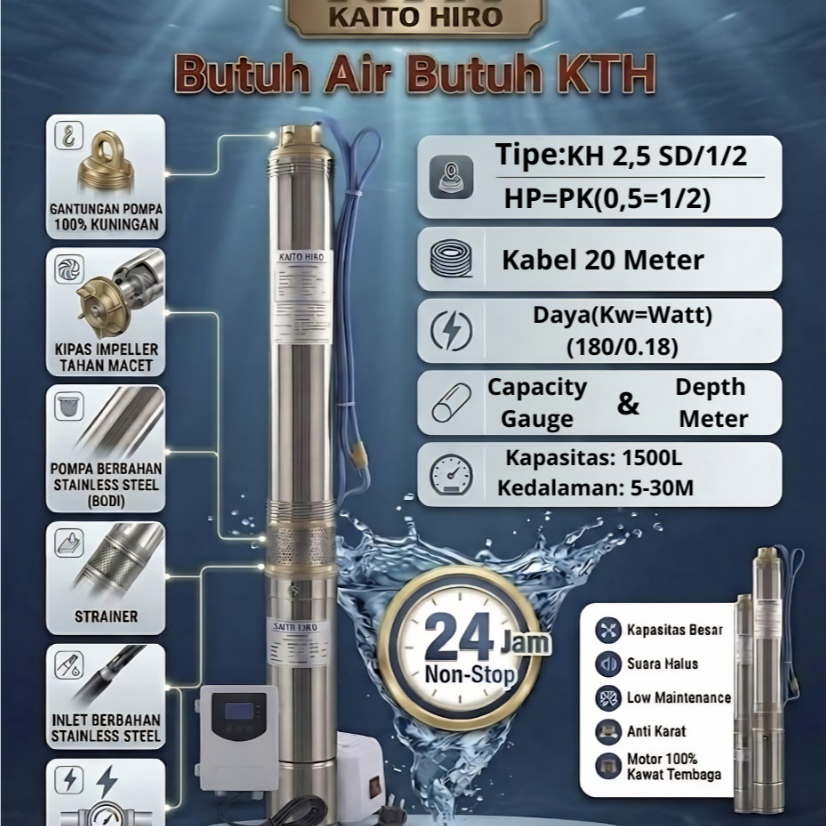 pompa submersibel kh 2,5 inc 0,25 Hp Kaito Hiro + 30 meter kaito hiro